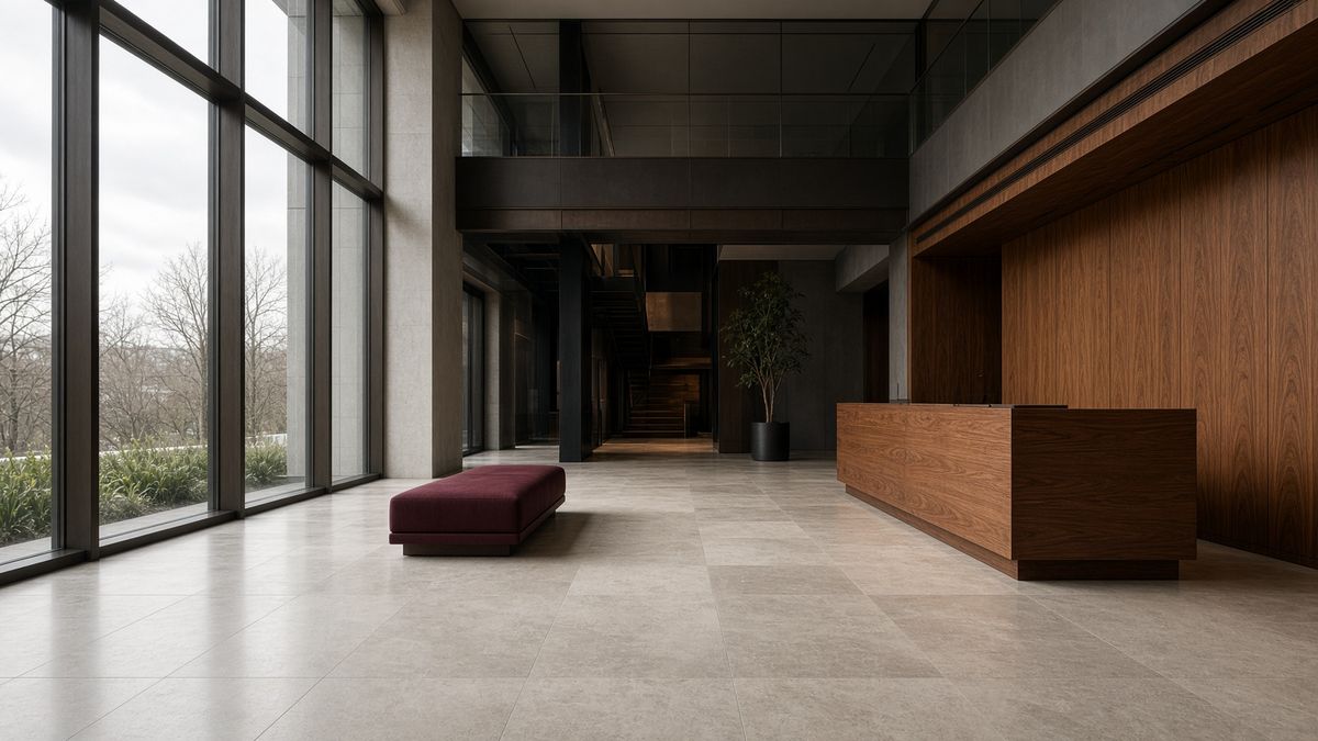 Finished commercial lobby with stone flooring and warm lighting