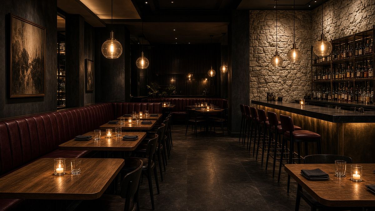 Restaurant dining room with banquette seating and pendant lighting at dusk