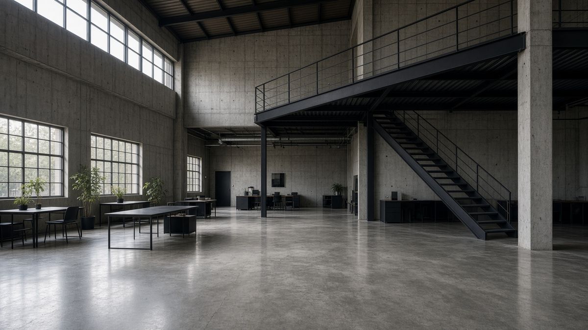 Converted warehouse interior with exposed structure and new mezzanine